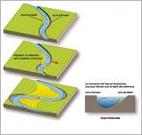 Fig. 9 - Mécanisme de déplacement des méandres par sapement de la berge concave et construction de plaine alluviale par dépôt sur la berge convexe.