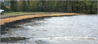 Fig. 64 - La berge de l’Adour juste après les travaux (automne 1999). L’effet des épis sur le courant est perceptible.